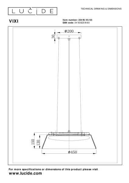 Lucide VIXI - Hanglamp - Ø 45 cm - LED Dimb. - 1x22,6W 2900K - Fumé - technisch